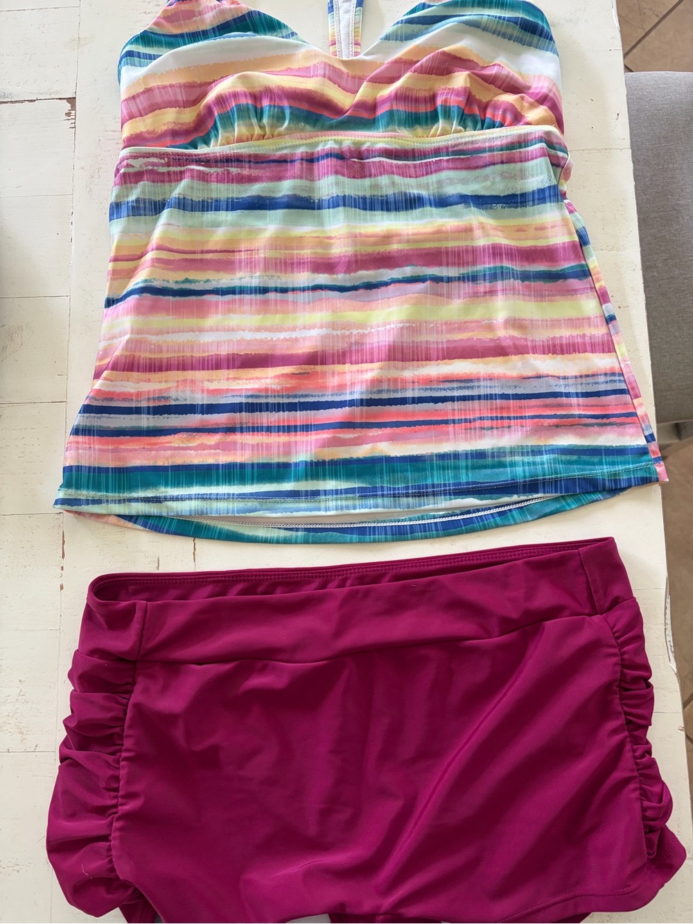 Striped Pastel Tankini Top with Magenta Swim Skirt Bottoms - Women Swim